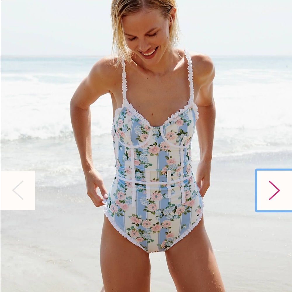 For Love And Lemons Cream, Blue & Pink Floral Stripe One-Piece - Picture 3 of 4